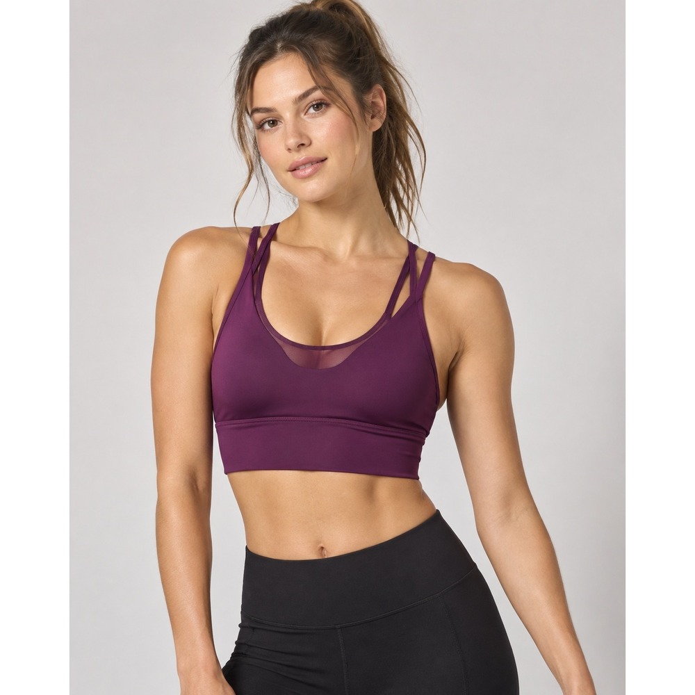 Alo Yoga Airlift Double Trouble Sports Bra Womens S Purple Mesh Strappy Longline